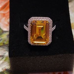 Canary and white diamond simulants Rhodium Over Sterling Silver Ring Size 7